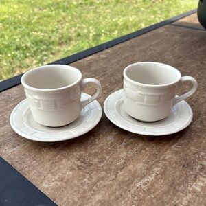 Longaberger Pottery Classic Ivory Tea Cup & Saucer 2 Sets